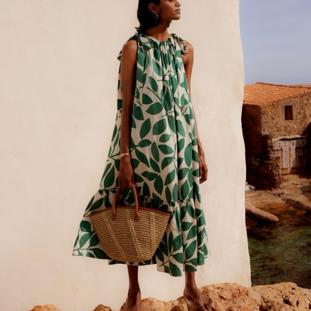 & Other Stories Green and White Tie Front Maxi Sundress